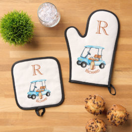 Golf Cart Clubs Monogram Naam Ovenwant & Pannenlap Set