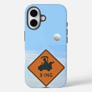 Golf Cart Crossing Sign. Golf Ball in Air iPhone 16 Hoesje