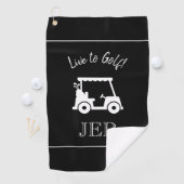 Golf Cart Golfer Monogrammed Black & White Golfhanddoek (Insitu)