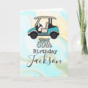 Golf Cart Happy 50th Birthday op blauwe marmer Kaart