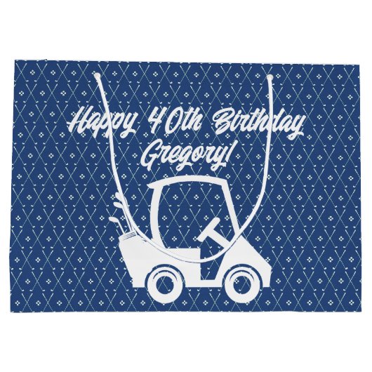 Golf Cart Happy Birthday Pattern Dark Blue Groot Cadeauzakje (Achterkant)