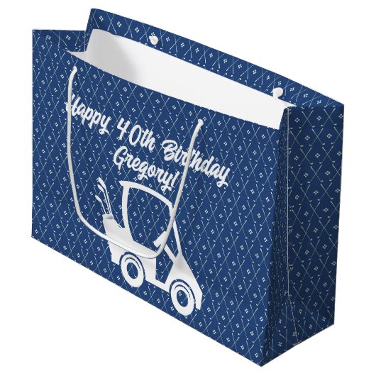 Golf Cart Happy Birthday Pattern Dark Blue Groot Cadeauzakje (Voorkant Gekanteld)