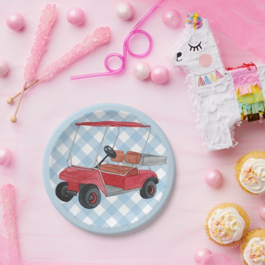 Golf Cart Pset Blue Gingham Country Club Papieren Bordje (Feest)