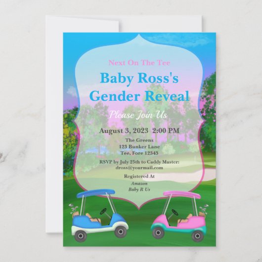 Golf Carts on Course Gender onthulling Baby shower Kaart (Voorkant)