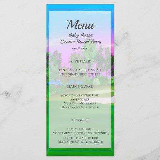 Golf Carts on Course Gender onthulling Baby shower Menu (Voorkant)