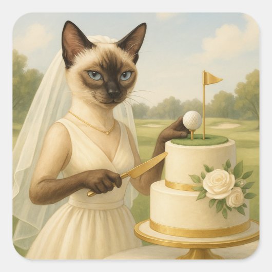 Golf Cat bruid Golfer is het snijden van bruidstaa Vierkante Sticker (Voorkant)