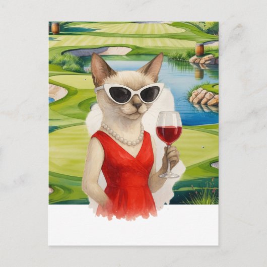 Golf Cat drinkt wijn op Golfbaan Briefkaart (Voorkant)