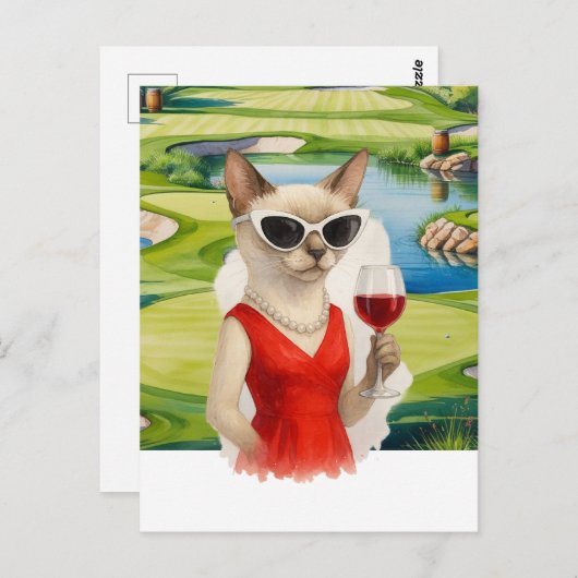 Golf Cat is drinking wine in Golf Course  Briefkaart (Voorkant / Achterkant)
