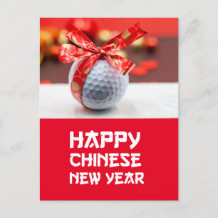 Golf Chinees Nieuwjaar met bal en rood lint Briefkaart