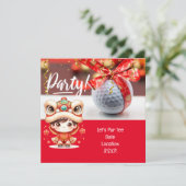 Golf Chinees Nieuwjaar met bal en rood lint Save The Date (Staand voorkant)