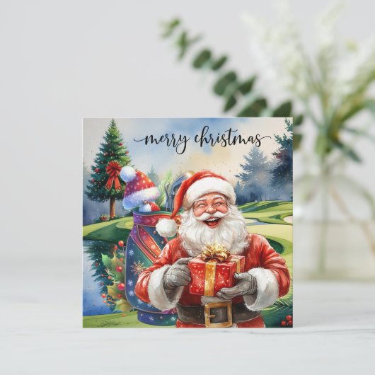 Golf Christmas with Santa Golfer on golf course  Feestdagenkaart (Staand voorkant)