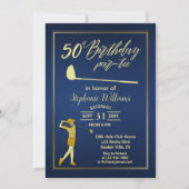 Golf Classic Blauw Gouden Vrouw 50e Verjaardag Kaart (Voorkant)