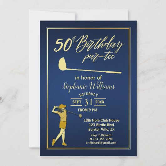 Golf Classic Blauw Gouden Vrouw 50e Verjaardag Kaart (Voorkant)