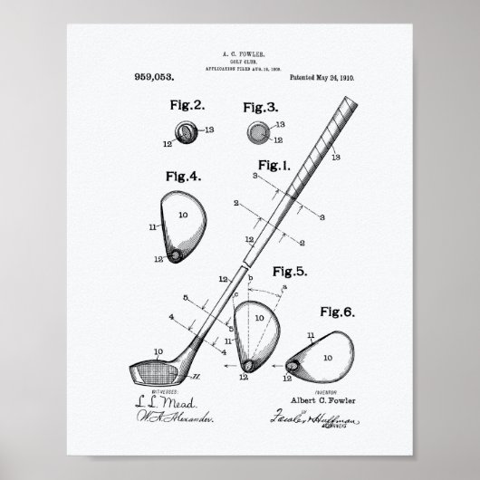 Golf Club 1910 Patent Art - Witboek Poster (Voorkant)