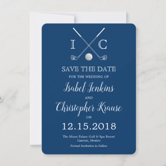 Golf Clubs Blue Monogram Weddenschap Save the Date (Voorkant)