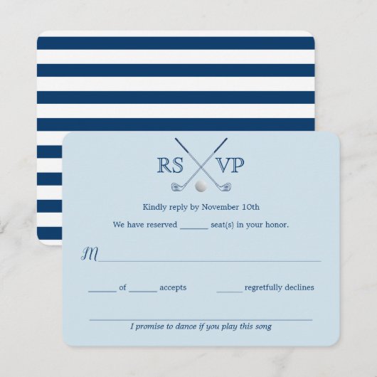 Golf Clubs Blue Striped Wedding RSVP-kaart 4,25x5, RSVP Kaartje (Voorkant / Achterkant)