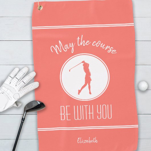 Golf Course Lady Golfer Monogram Pro Modern Coral Golfhanddoek