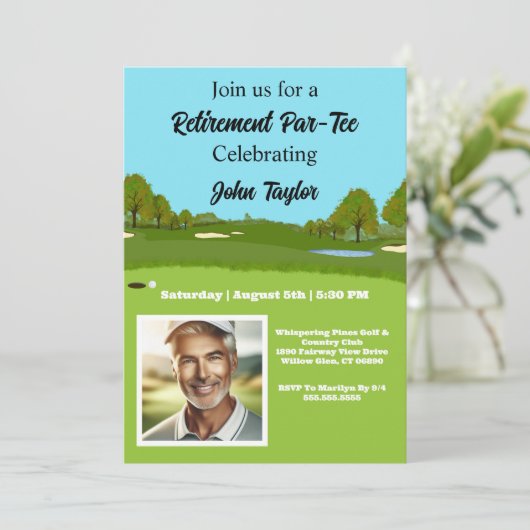 Golf Course Retirement Party Invitation with Photo Kaart (Staand voorkant)