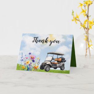 Golf Dank u met golfkar en bloemen Kaart