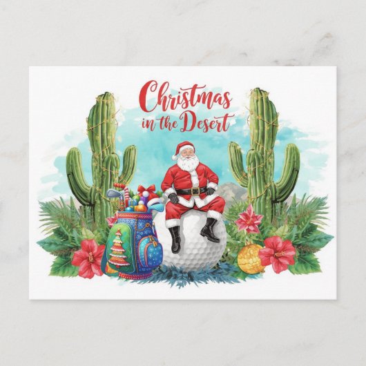 Golf Desert Christmas Cactus Santa Claus Golfer Feestdagenkaart (Voorkant)