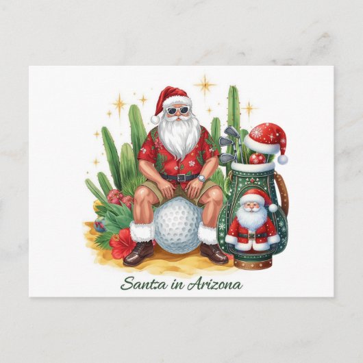 Golf Desert Christmas Cactus Santa Claus Golfer Feestdagenkaart (Voorkant)