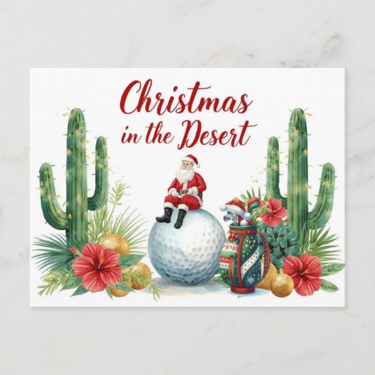 Golf Desert Christmas Cactus Santa Claus Golfer Feestdagenkaart (Voorkant)