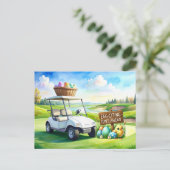 Golf easter holiday with golf cart and easter eggs briefkaart (Staand voorkant)