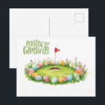 Golf Easter with egg on putting green  Briefkaart<br><div class="desc">Send cheerful spring greetings with this Golf Easter postcard featuring colorful eggs on a putting green. This bright watercolor design shows pastel Easter eggs resting beside a golf hole with a red flag on fresh green grass, blending the joy of Easter with the charm of the golf course. Perfect for...</div>