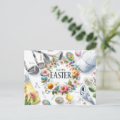 Golf easter with golf equipment with flower feestdagenkaart (Staand voorkant)
