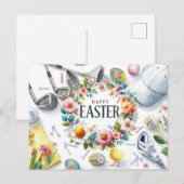 Golf easter with golf equipment with flower feestdagenkaart (Voorkant / Achterkant)