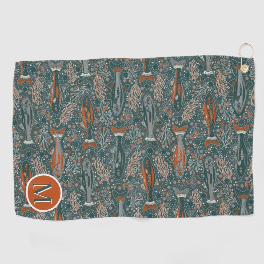 Golf en Gevist Brook Trout Blauw Sinaasappel Grijs Golfhanddoek (Horizontaal)