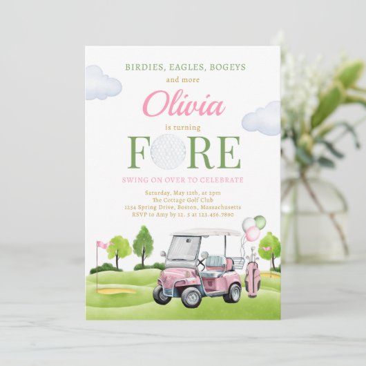 Golf Fore Birthday Girl Golf 4th Birthday Party Kaart (Staand voorkant)