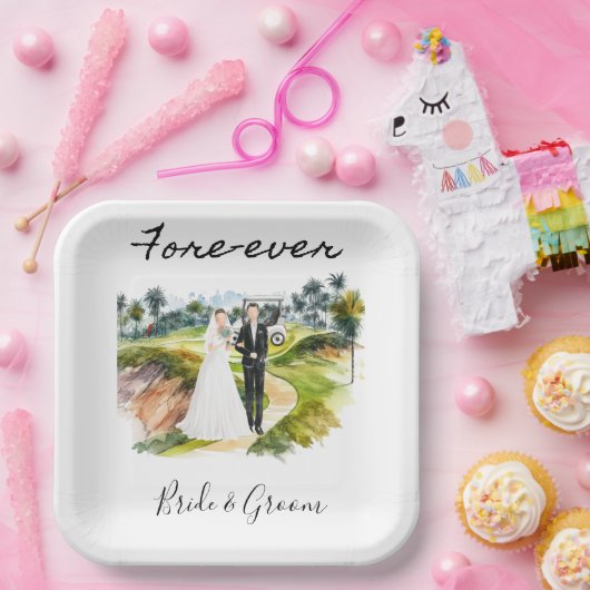 Golf Fore Ever met bruid- en bruinbruiloft Papieren Bordje (Feest)