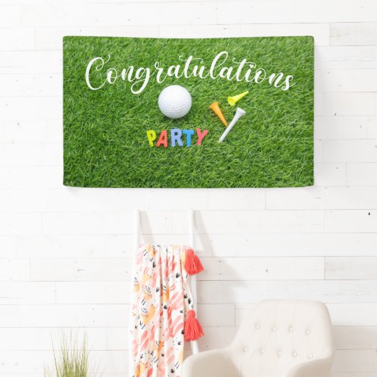 Golf gefeliciteerd met woord feestje  spandoek (Insitu)