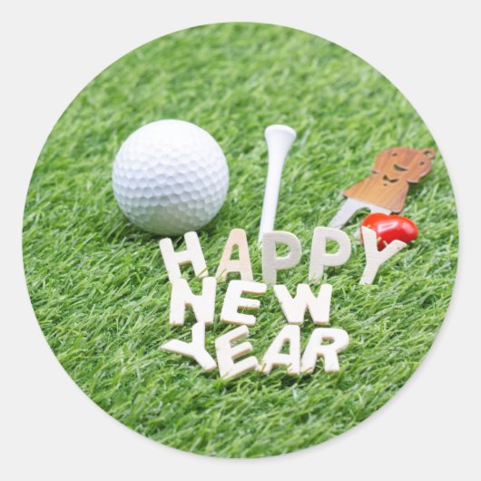 Golf Gelukkig Nieuwjaar met golfbal en cadeau Ronde Sticker (Voorkant)