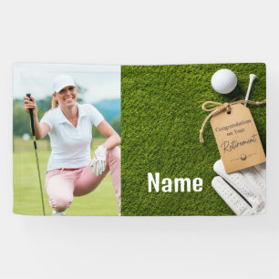Golf gelukkig pensioen met gelukkige golfer op gre spandoek