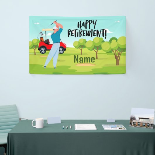 Golf-gelukkige pensionering met gelukkige golfer o spandoek (Beurs)