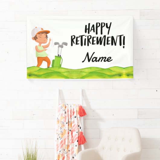 Golf-gelukkige pensionering met gelukkige golfer o spandoek (Insitu)