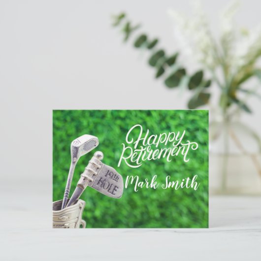 Golf-gelukkige pensionering met golfijzer briefkaart (Staand voorkant)