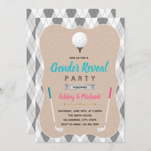 Golf gender onthult themauitnodiging kaart (Voorkant / Achterkant)