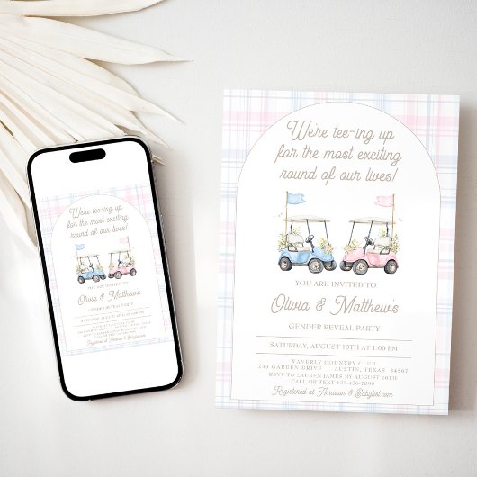 Golf Gender Reveal Invitation - Baby Golf Carts Kaart