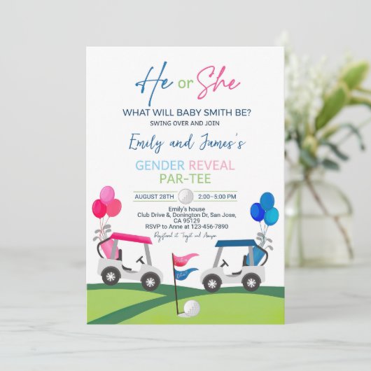 Golf Geslacht Reveal Uitnodiging Hij of Zij Golft  (Staand voorkant)
