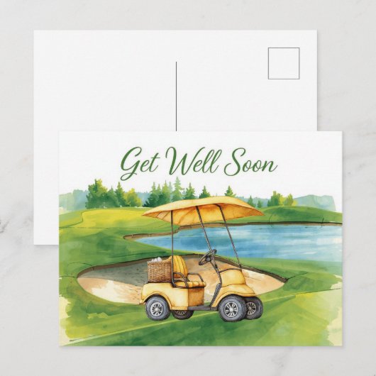Golf Get well soon with Golf Cart on green Briefkaart (Voorkant / Achterkant)
