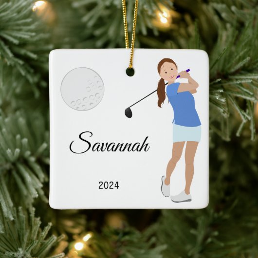 Golf Girl Brown Hair Keramisch Ornament (Boom)