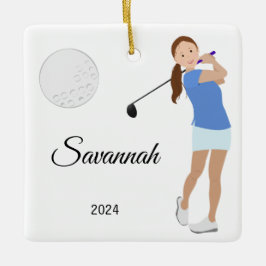 Golf Girl Brown Hair Keramisch Ornament