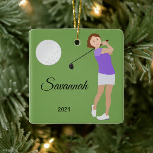 Golf Girl Short Hair Brunette Keramisch Ornament