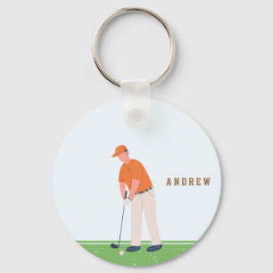Golf Golfer Green & Blue Illustration Name Sports Sleutelhanger