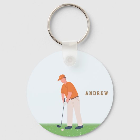 Golf Golfer Green & Blue Illustration Name Sports Sleutelhanger (Voorkant)