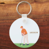 Golf Golfer Green & Blue Illustration Name Sports Sleutelhanger (Voorkant)