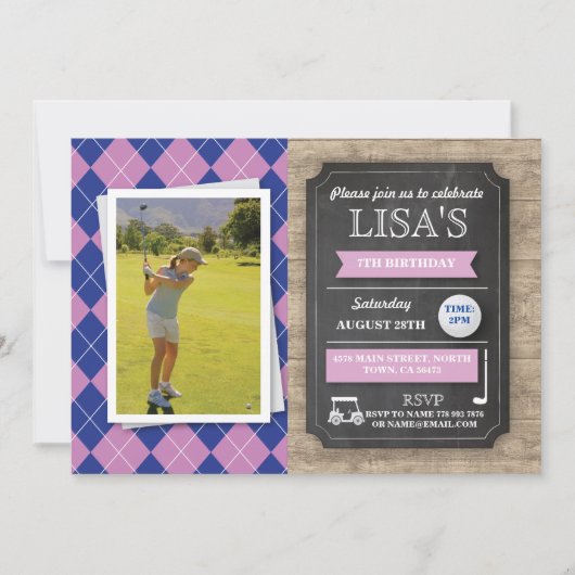 Golf Golfing Girls Birthday Party Photo Invite Kaart (Voorkant)